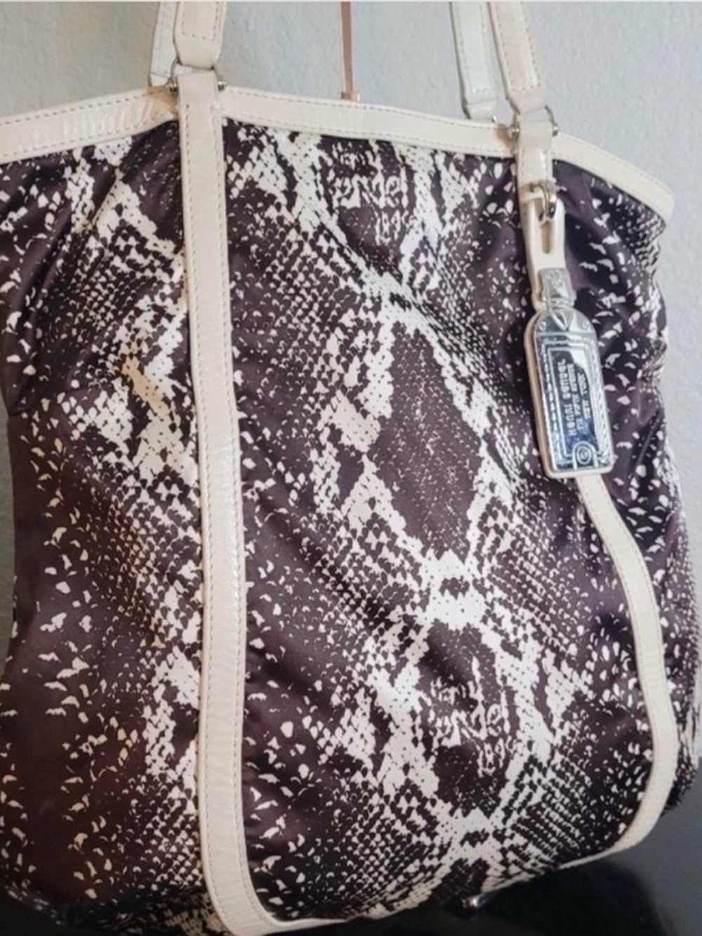 Henri Bendel Python-Print Tote Bag with Cream Trim